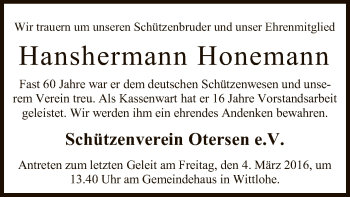 Traueranzeige von Hanshermann Honemann von SYK