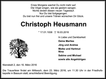 Traueranzeige von Christoph Heusmann von SYK