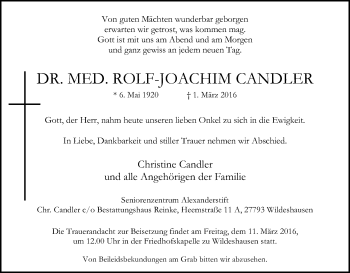 Traueranzeige von Rolf-Joachim Candler von SYK