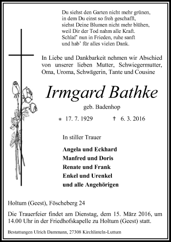 Traueranzeige von Irmgard Bathke von SYK