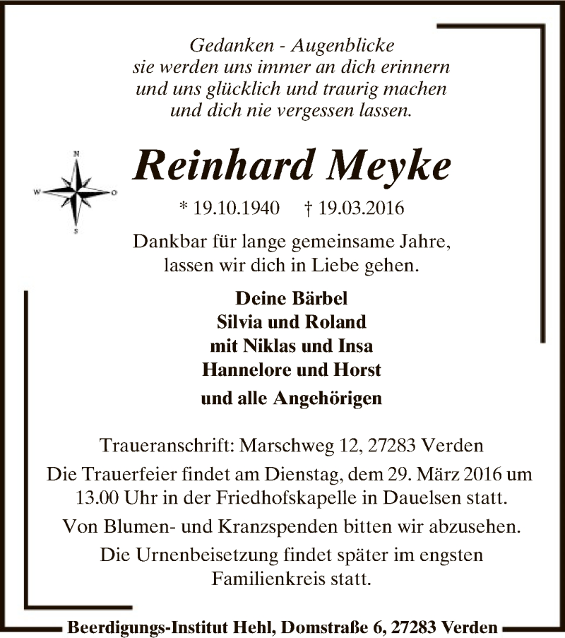 Traueranzeige für Reinhard Meyke vom 24.03.2016 aus SYK