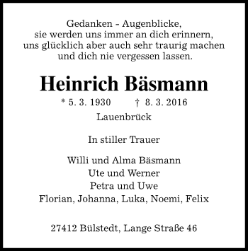 Traueranzeige von Heinrich Bäsmann von SYK