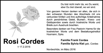 Traueranzeige von Rosi Cordes von SYK