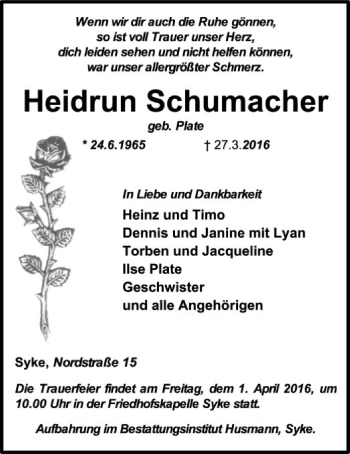 Traueranzeige von Heidrun Schumacher