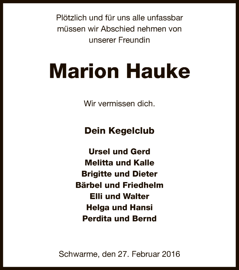  Traueranzeige für Marion Hauke vom 02.03.2016 aus SYK