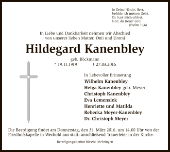 Traueranzeige von Hildegard Kanenbley von SYK