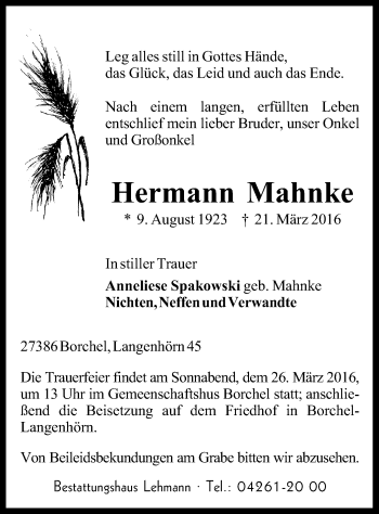 Traueranzeige von Hermann Mahnke von SYK