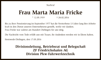 Traueranzeige von Marta Maria Fricke von SYK