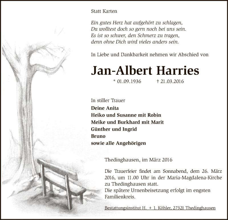  Traueranzeige für Jan-Albert Harries vom 23.03.2016 aus SYK