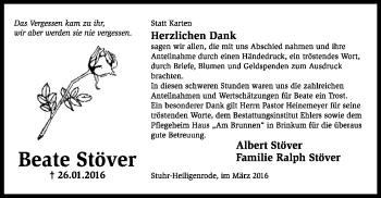 Traueranzeige von Beate Stöver von SYK