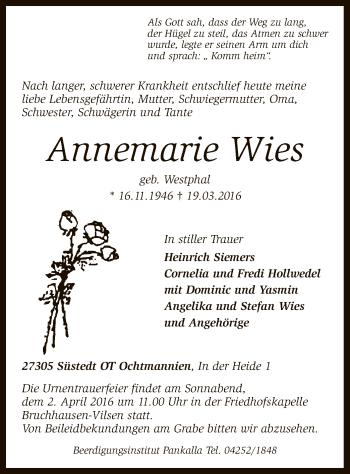 Traueranzeige von Annemarie Wies von SYK