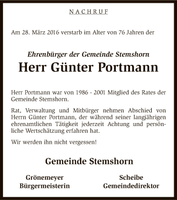 Traueranzeige von Günter Portmann von SYK