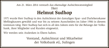 Traueranzeige von Helmut Sudhop von SYK