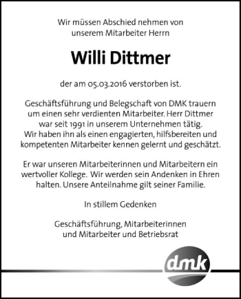 Traueranzeige von Willi Dittmer von SYK