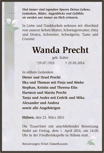 Traueranzeige von Wanda Precht von SYK