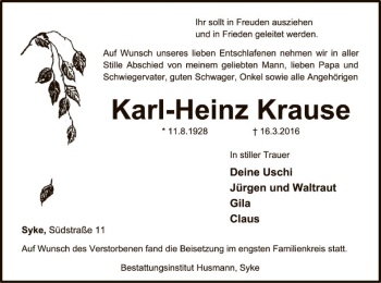 Traueranzeige von Karl-Heinz Krause