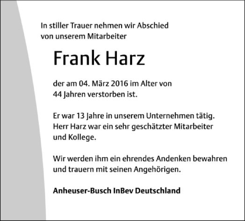  Traueranzeige für Frank Harz vom 09.03.2016 aus SYK