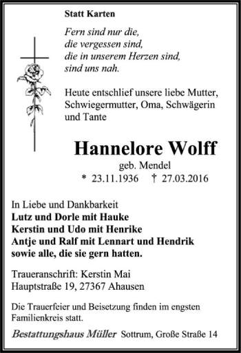 Traueranzeige von Hannelore Wolff von SYK