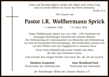 Traueranzeige von Wolfhermann Sprick von SYK