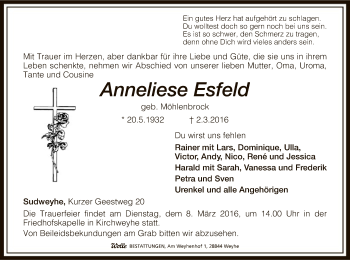 Traueranzeige von Anneliese Esfeld von SYK