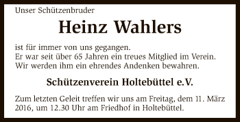 Traueranzeige von Heinz Wahlers von SYK