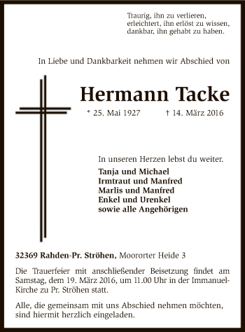 Traueranzeige von Hermann Tacke von SYK