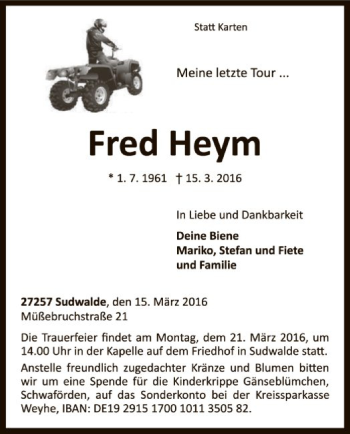 Traueranzeige von Fred Heym von SYK