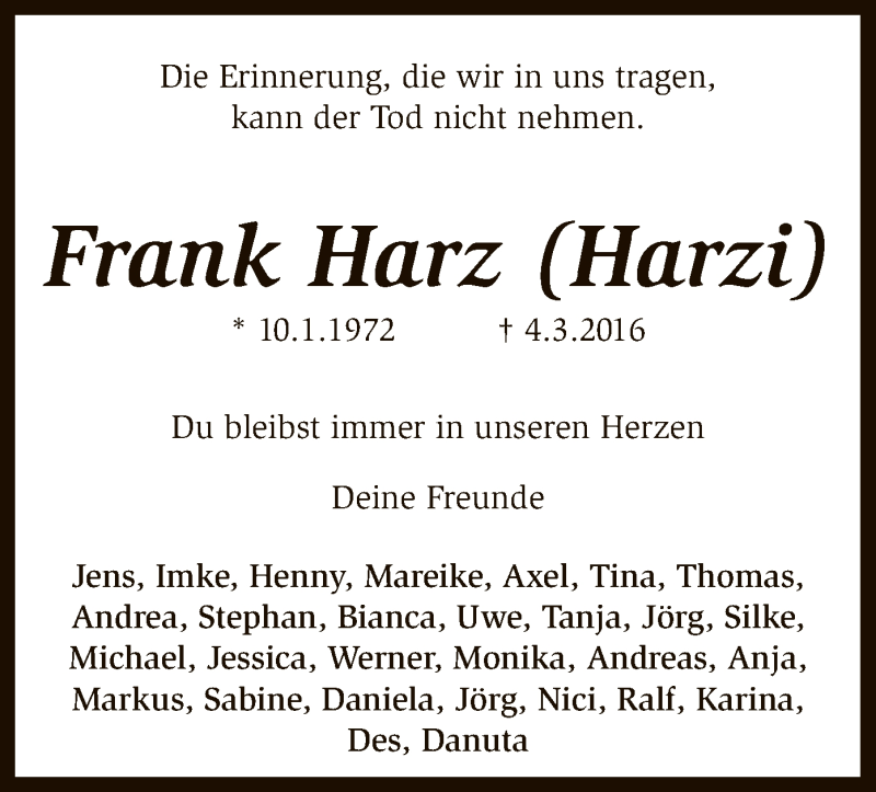  Traueranzeige für Frank Harz vom 09.03.2016 aus SYK