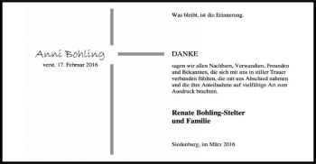 Traueranzeige von Anni Bohling von SYK