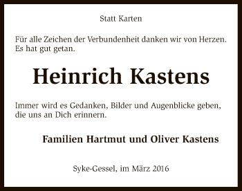 Traueranzeige von Heinrich Kastens von SYK