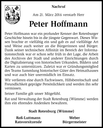 Traueranzeige von Peter Hoffmann von SYK