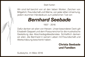 Traueranzeige von Bernhard Seebade von SYK