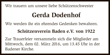 Traueranzeige von Gerda Dodenhof von SYK