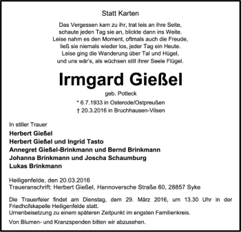 Traueranzeige von Irmgard Gießel von SYK