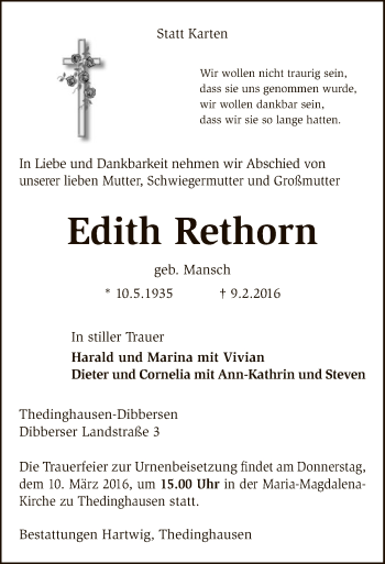 Traueranzeige von Edith Rethorn von SYK