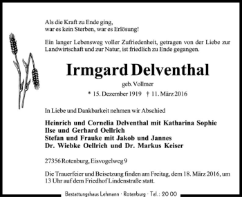 Traueranzeige von Irmgard Delventhal von SYK