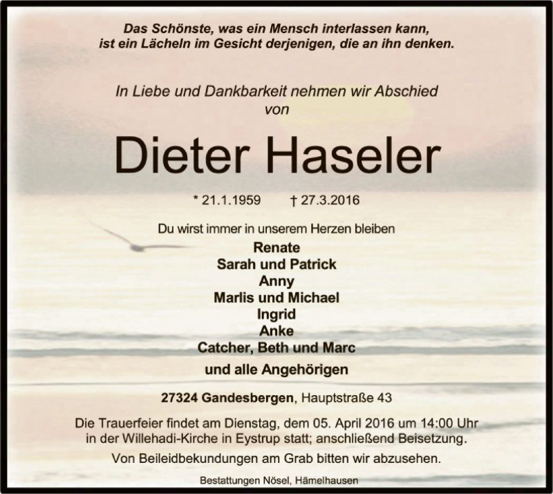  Traueranzeige für Dieter Haseler vom 31.03.2016 aus SYK