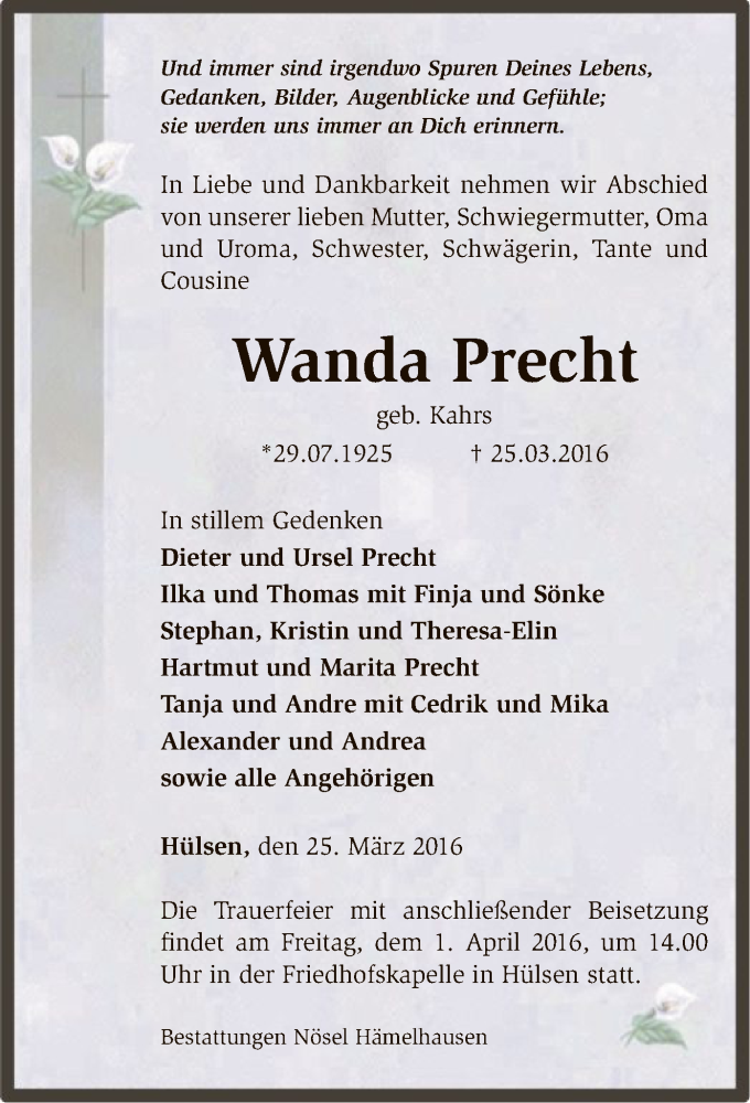  Traueranzeige für Wanda Precht vom 29.03.2016 aus SYK