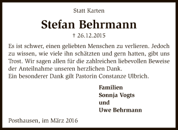 Traueranzeige von Stefan Behrmann von SYK