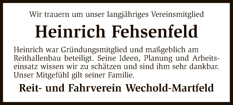  Traueranzeige für Heinrich Fehsenfeld vom 23.03.2016 aus SYK