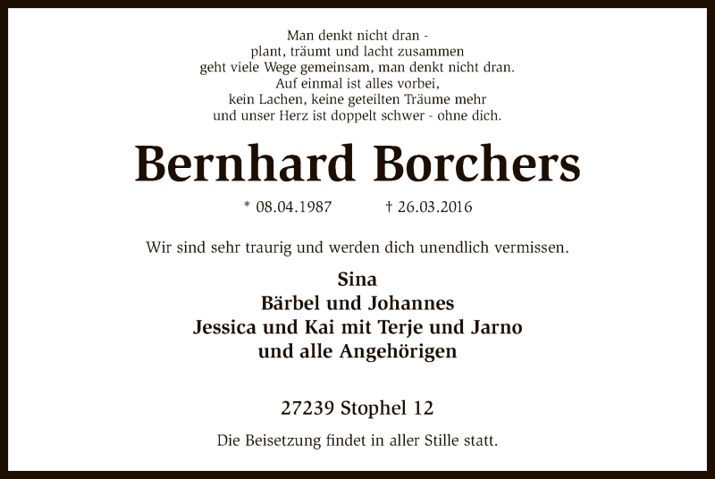  Traueranzeige für Bernhard Borchers vom 30.03.2016 aus SYK