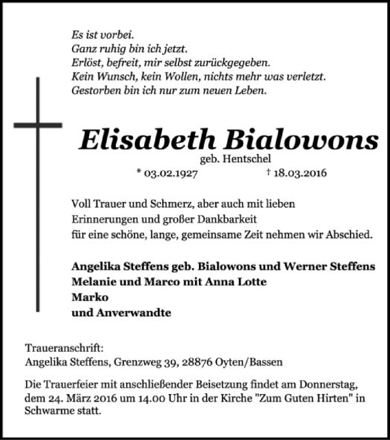  Traueranzeige für Elisabeth Bialowons vom 21.03.2016 aus SYK