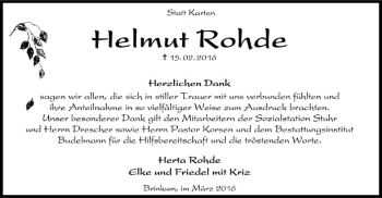 Traueranzeige von Helmut Rohde von SYK