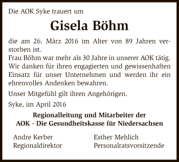 Traueranzeige von Gisela Böhm