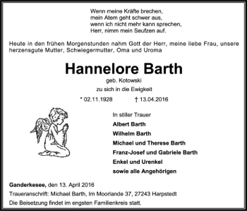 Traueranzeige von Hannelore Barth von SYK