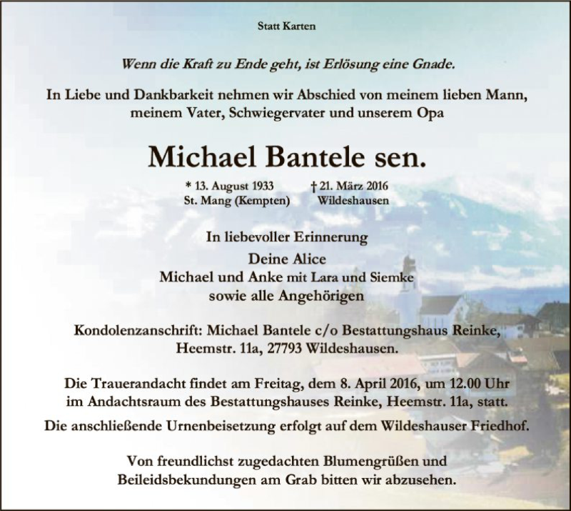  Traueranzeige für Michael Bantele vom 02.04.2016 aus SYK