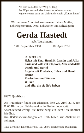 Traueranzeige von Gerda Hastedt von SYK