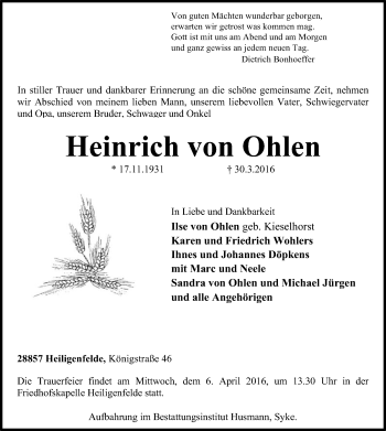 Traueranzeige von Heinrich von Ohlen