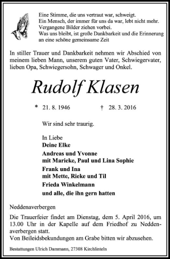 Traueranzeige von Rudolf Klasen von SYK