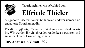 Traueranzeige von Elfriede Thieler von SYK